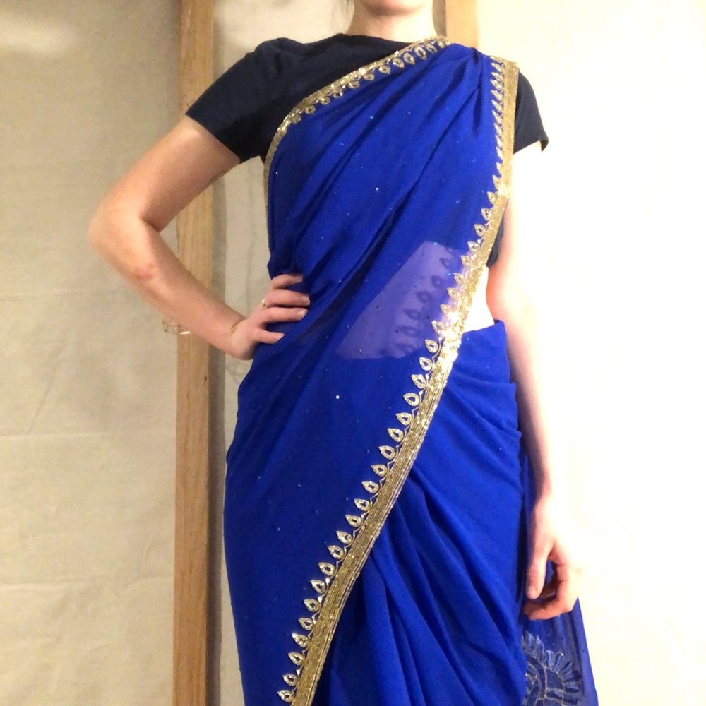 Royal blue saree with gold work
